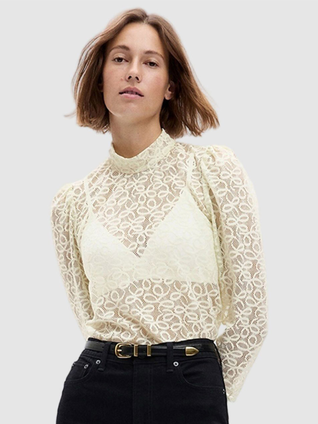 GAP Women Crochet High Neck Lace Fitted Top