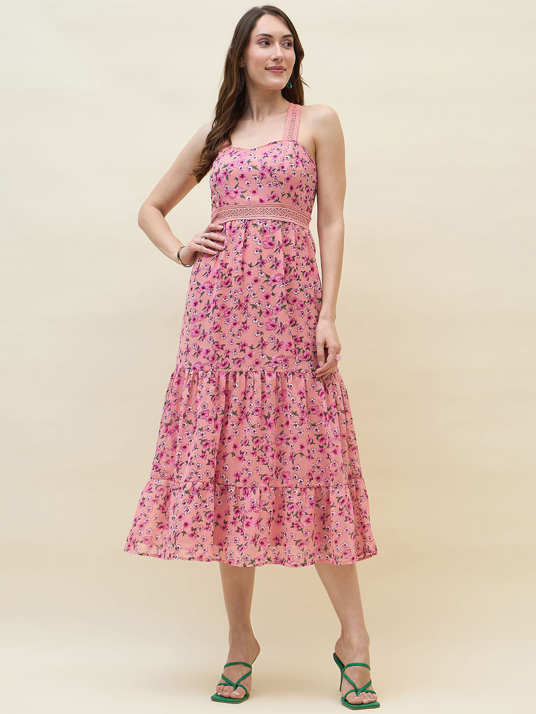 aayu Floral Printed Layered Georgette Fit & Flare Midi Dress