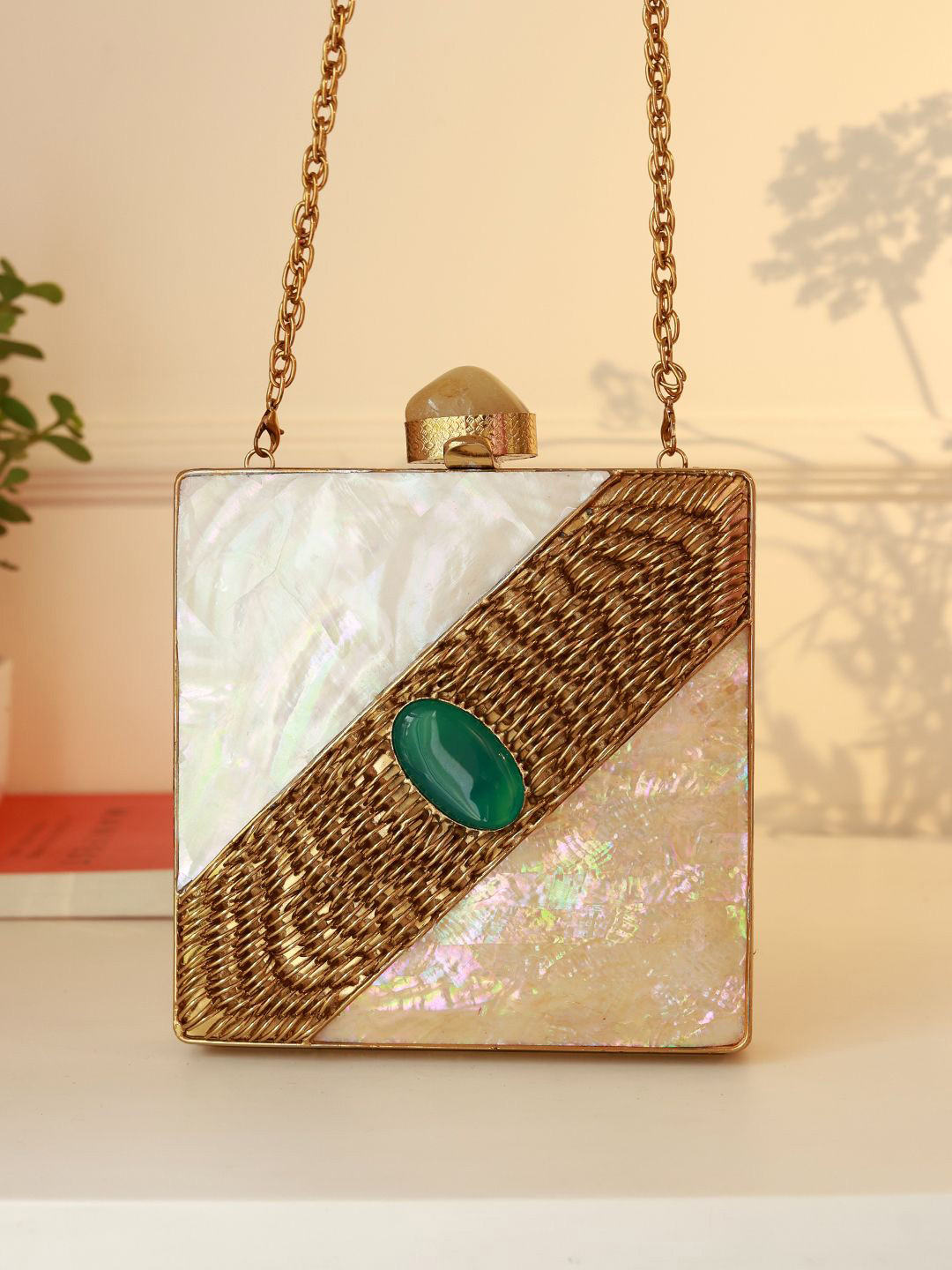THE TAN CLAN Zainab Embellished Mother Of Pearl Studded Box Clutch