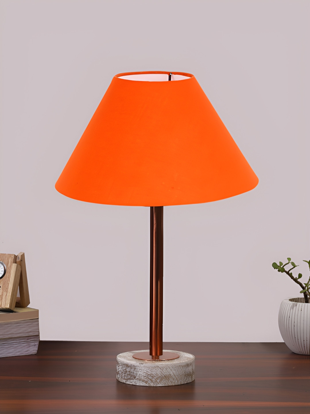 Aura Orange & Copper Toned Traditional Frustum Shaped Cotton Shade Wooden Table Lamp