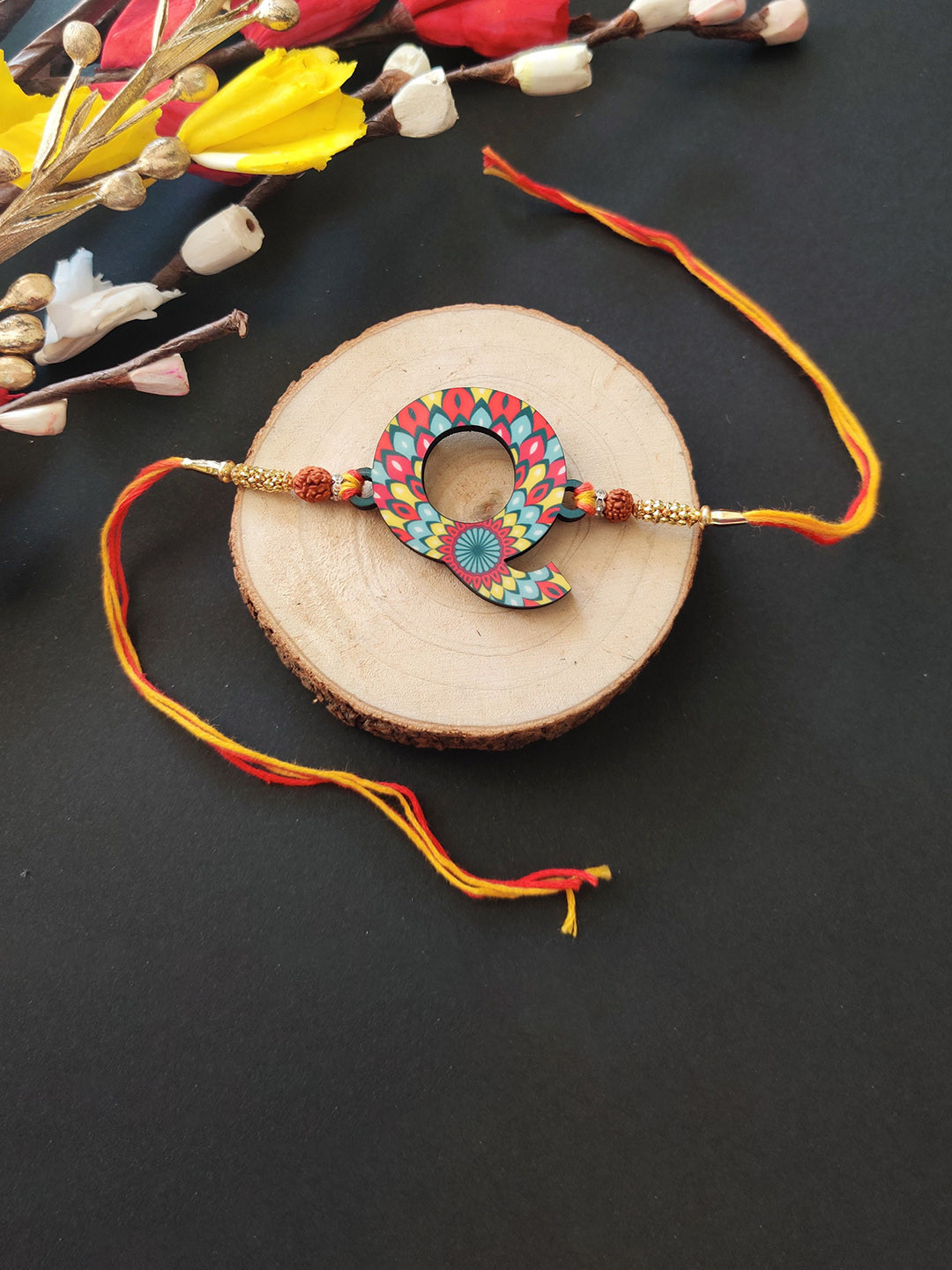 Bhai Please Alphabet Q Rudraksha Beaded Wooden Thread Rakhi