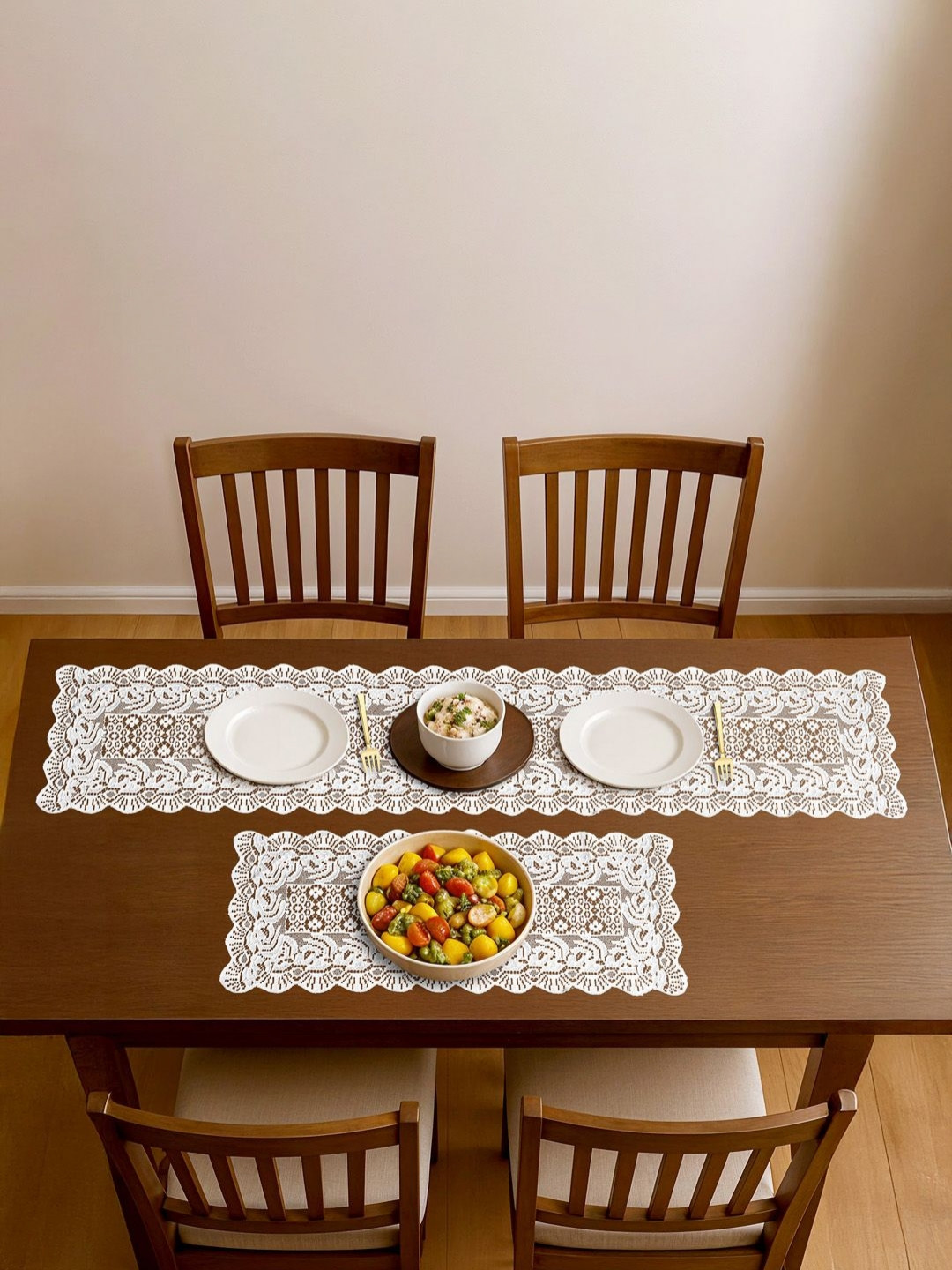 Myntra Elegant Homes 2Pc White Net Cotton Table Runners