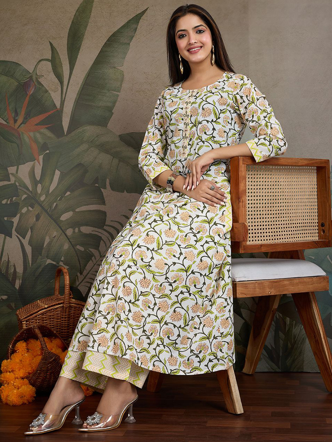 BEYOND ETHNIC Women Floral Printed Thread Work Cotton A-Line Kurta