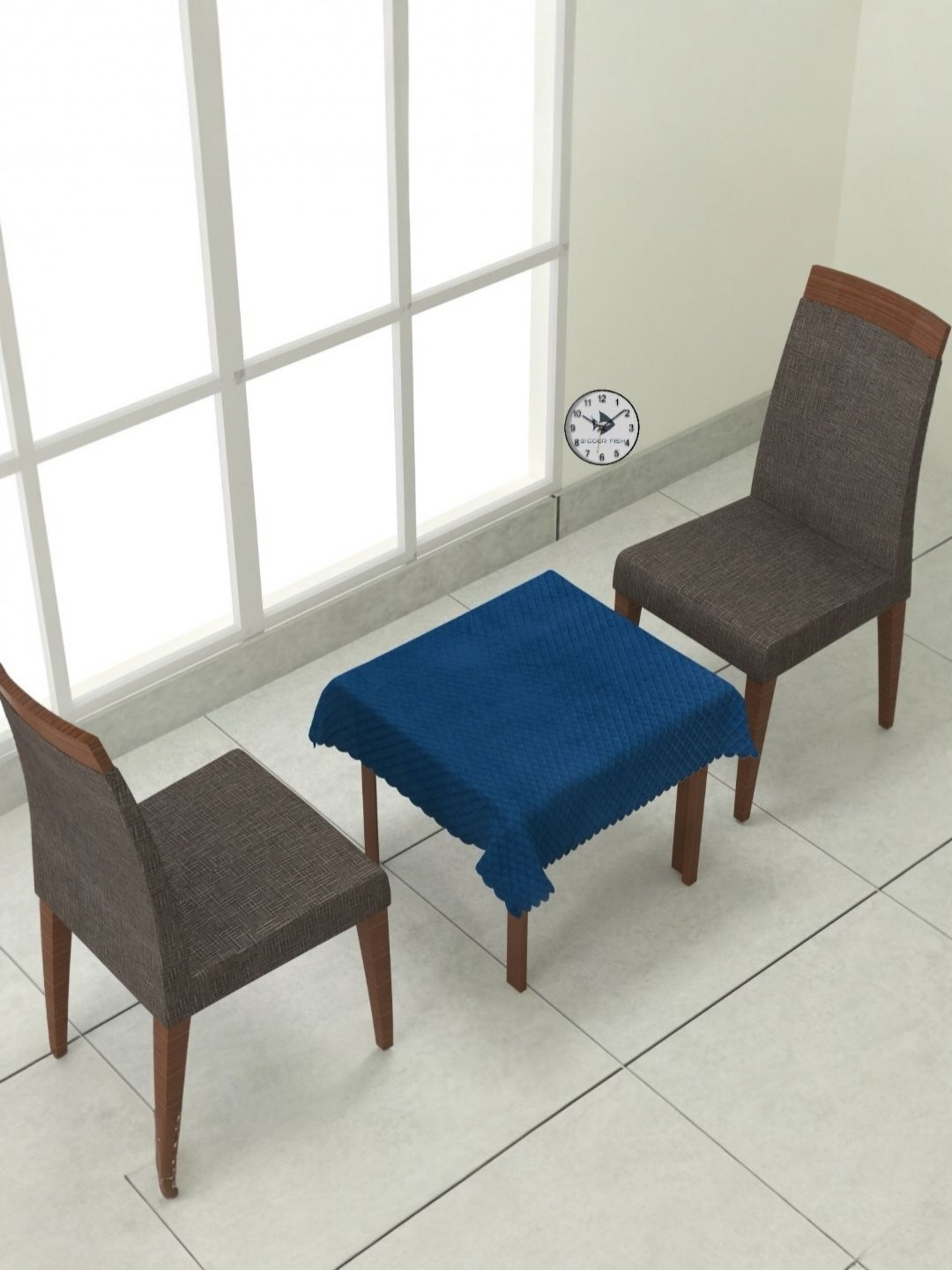 BIGGER FISH Navy Blue 2-Seater Self Design Quilted Square Velvet Table Cover