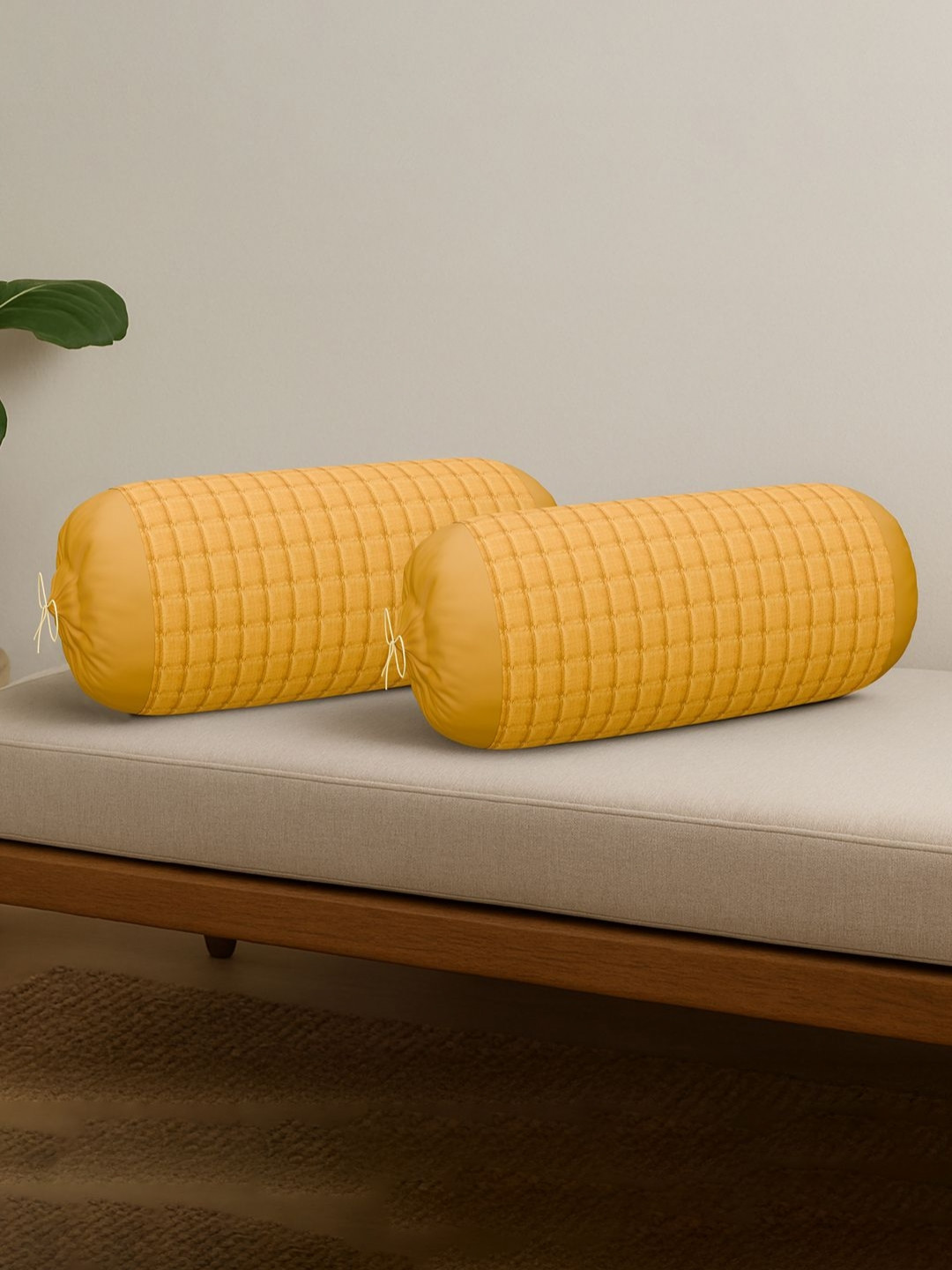 Myntra Elegant Homes Set Of 2 Mustard-Yellow Quilted Bolster Covers