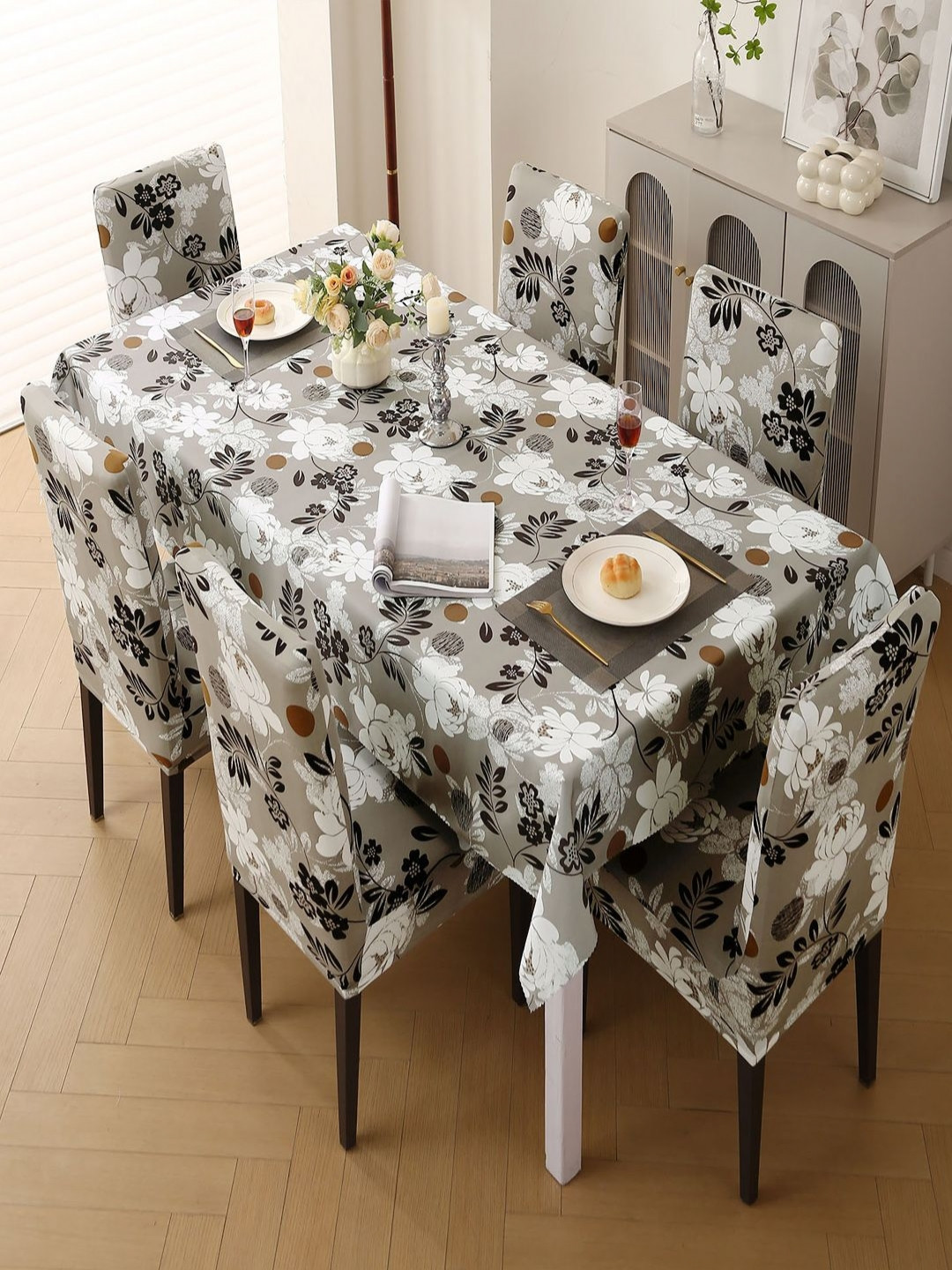 HOKIPO 7Pcs Grey & Brown Floral-Printed Elasticated Dining Chair Covers With Table Cloth