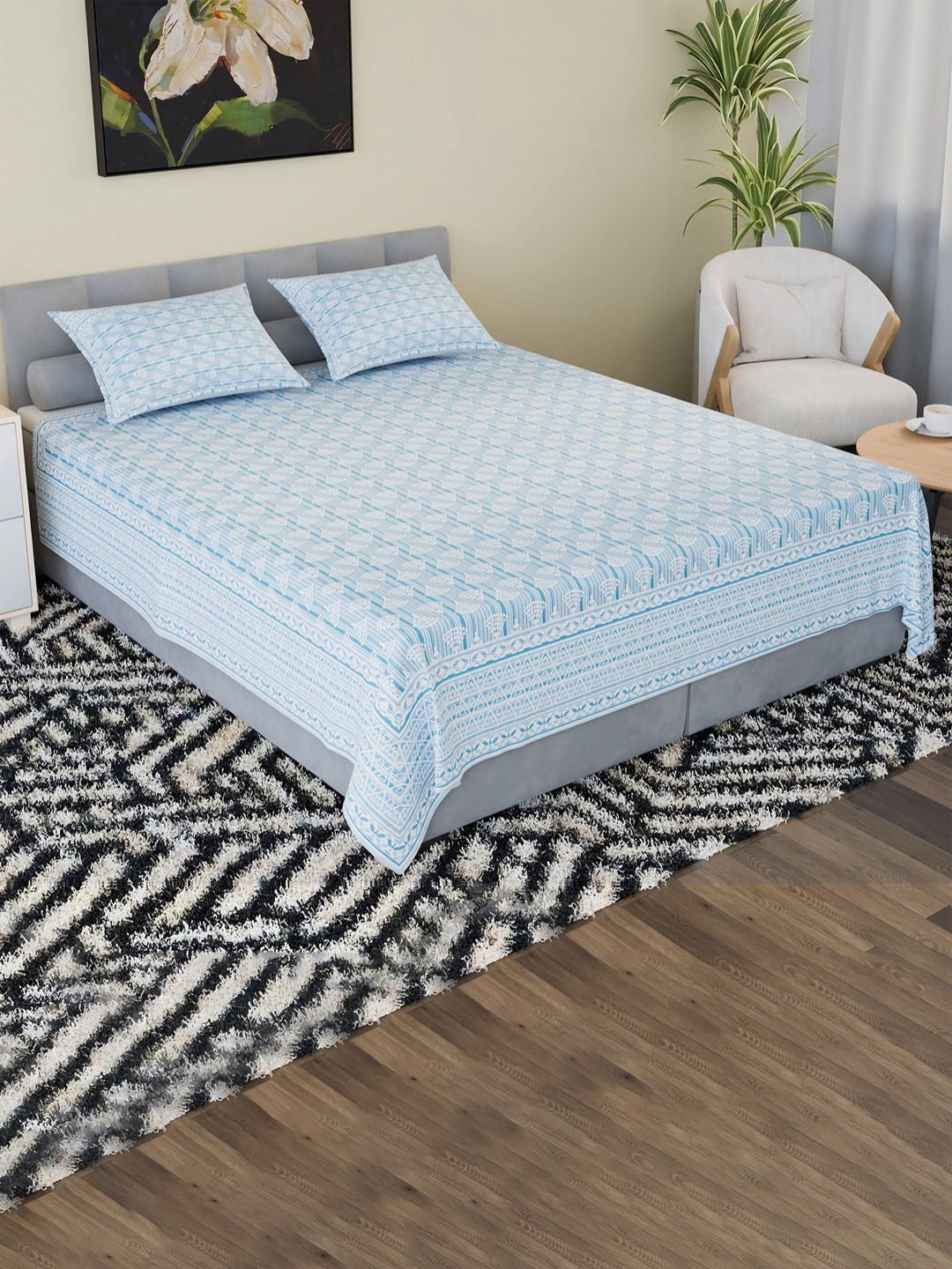 Myntra Elegant Homes Grey Printed 160 TC King Pure Cotton Bedsheet Set 2.64 m x 2.16 m