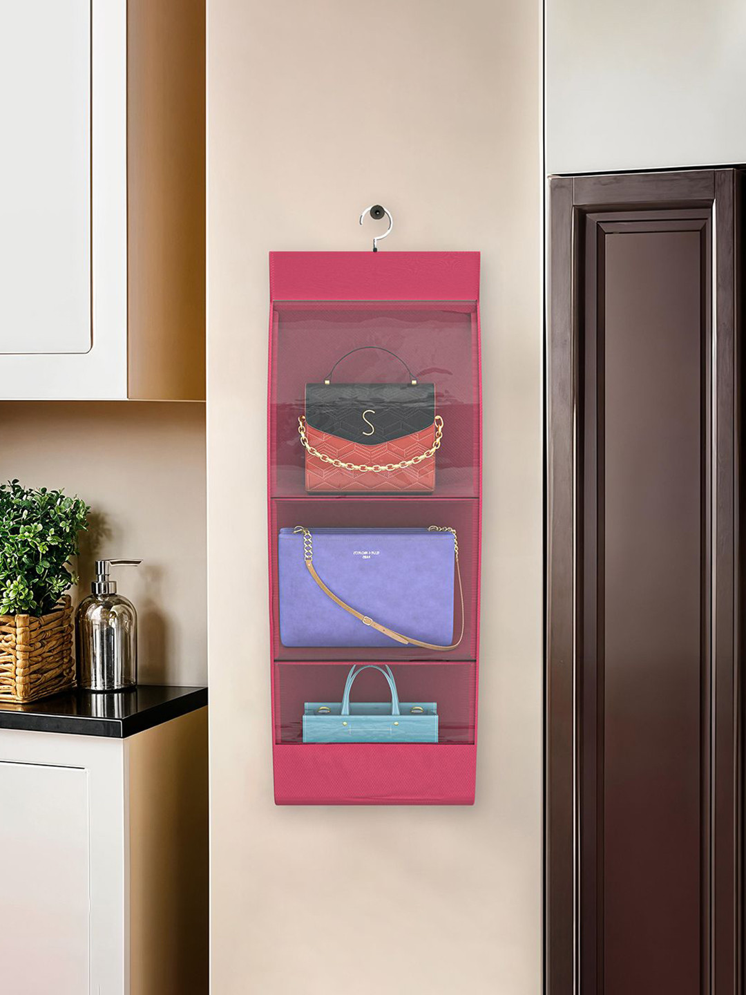 Kuber Industries Pink & Transparent Hanging Purse Organiser