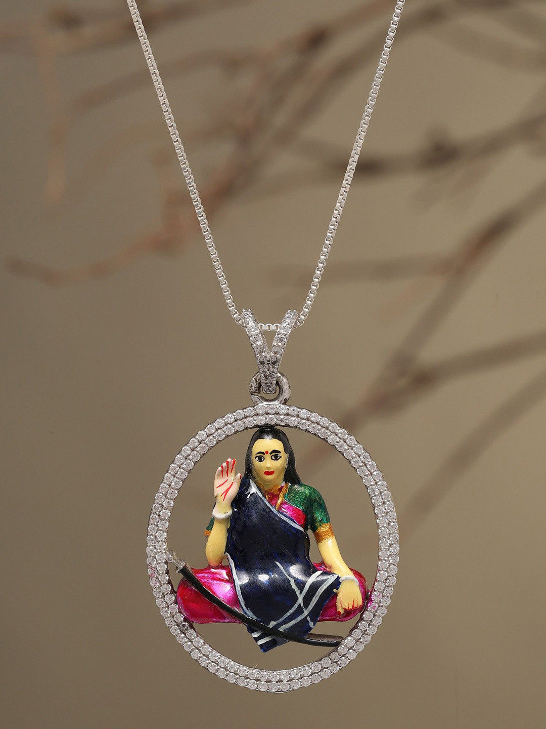 Exotic India  925 Sterling Silver Artificial Stone Studded Square Mogal Maa Pendant