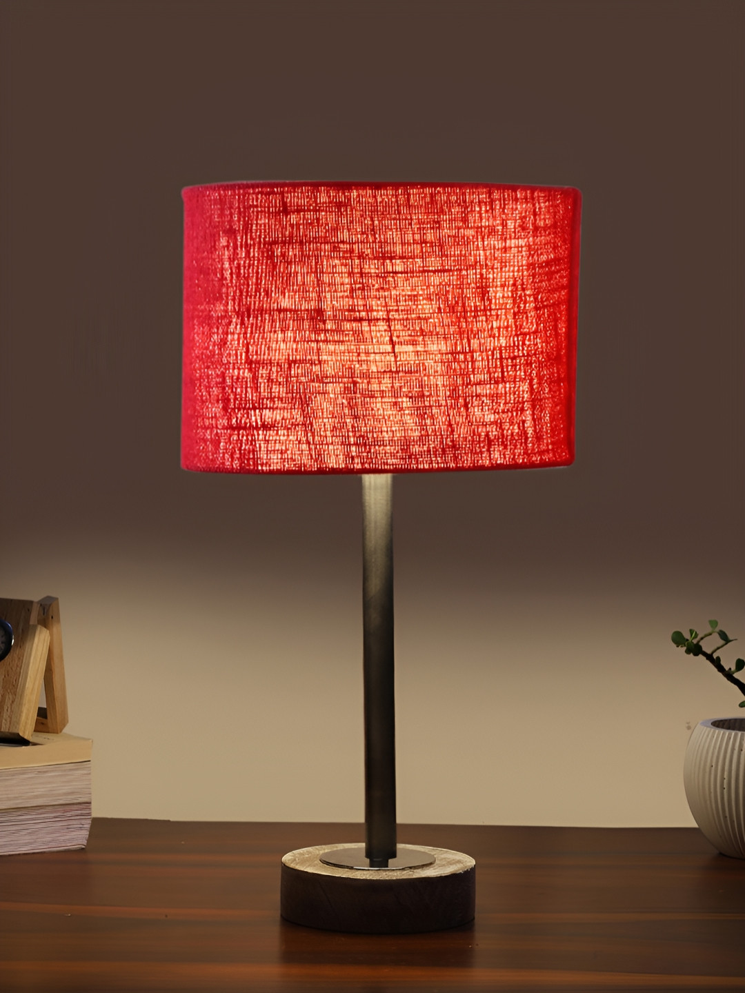Aura Maroon & Black Textured Metal Cylindrical Shaped Table Lamp