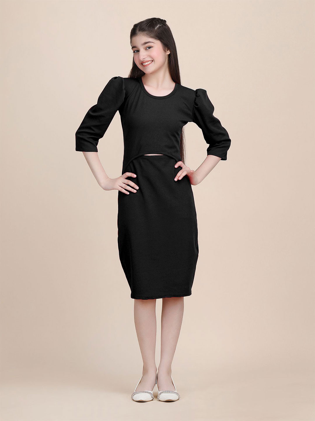 STARWORD Girls Solid Puff Sleeve Sheath Straight Dress