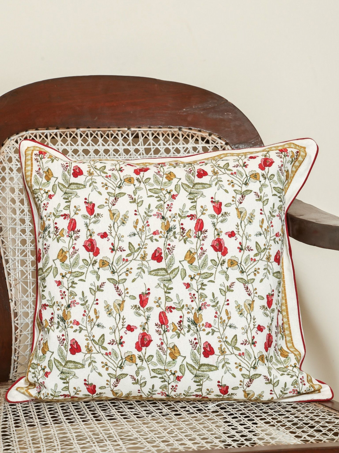 Sangria  Meadow Bloom White & Red Printed Cotton Square Cushion Cover