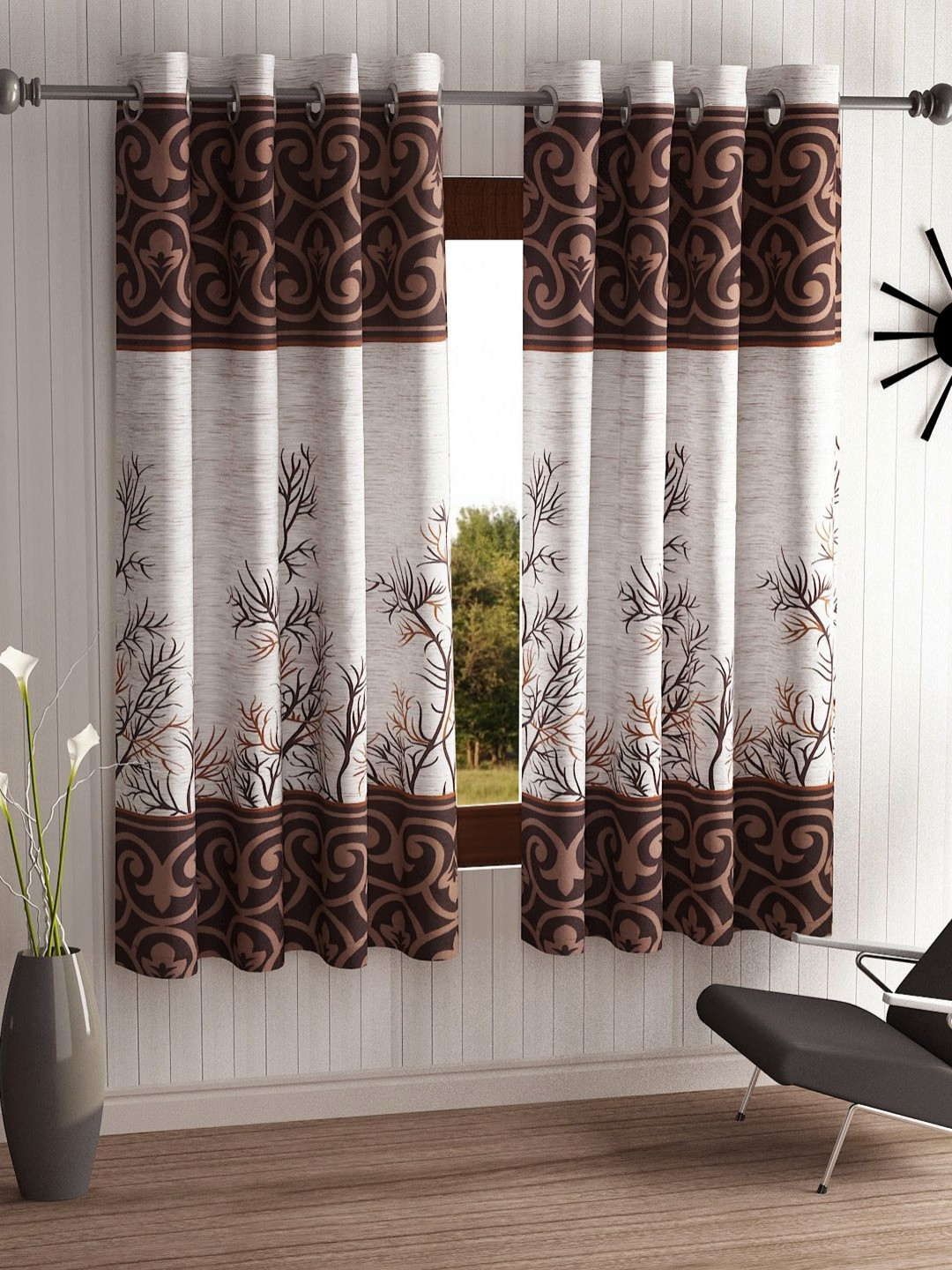 Aura Garden Panel Brown & White 2 Pieces Floral Printed Window Curtains