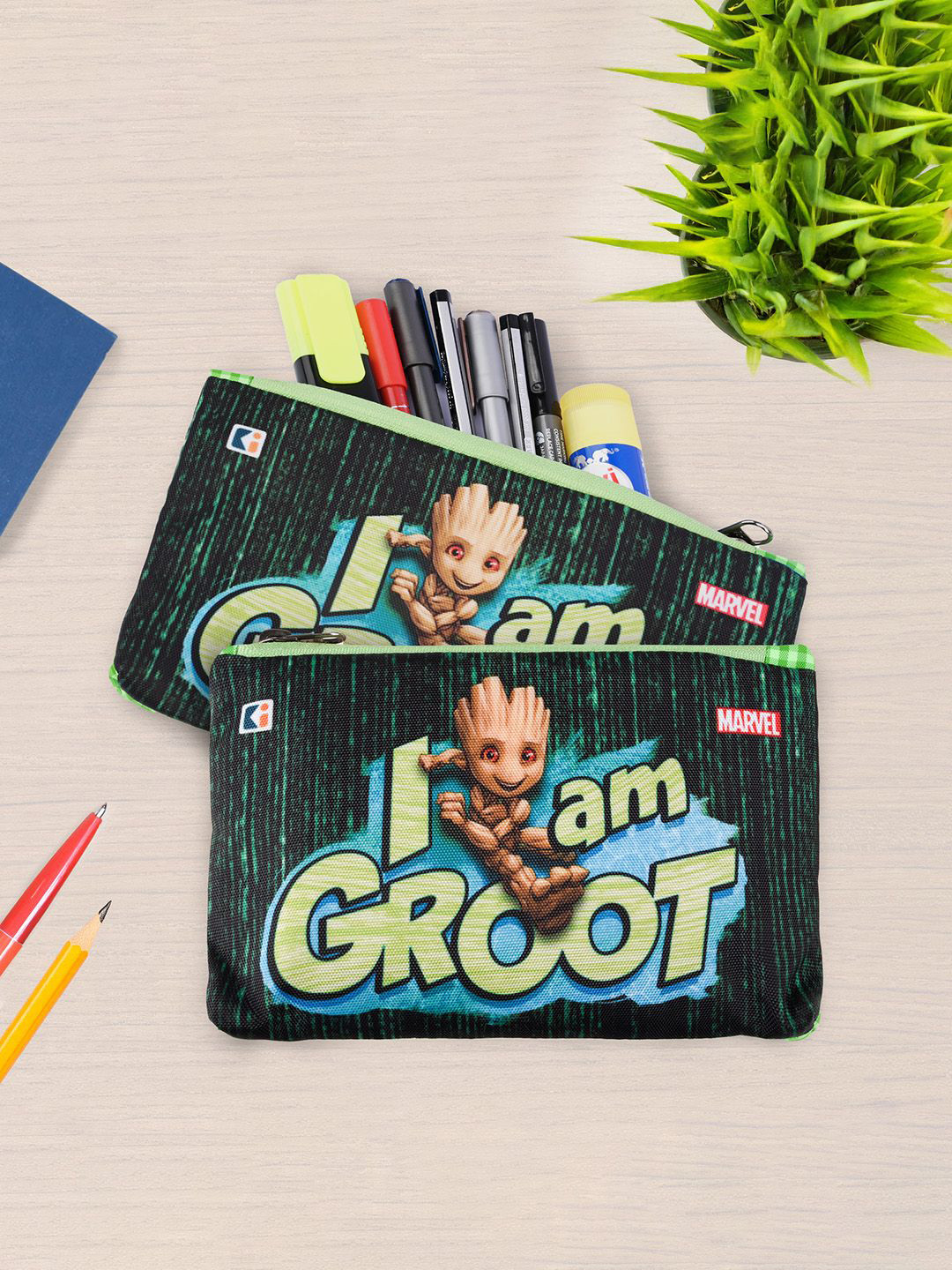 Kuber Industries 2 Pcs Green Polyester Pencil Pouch Self Design Pen Cases