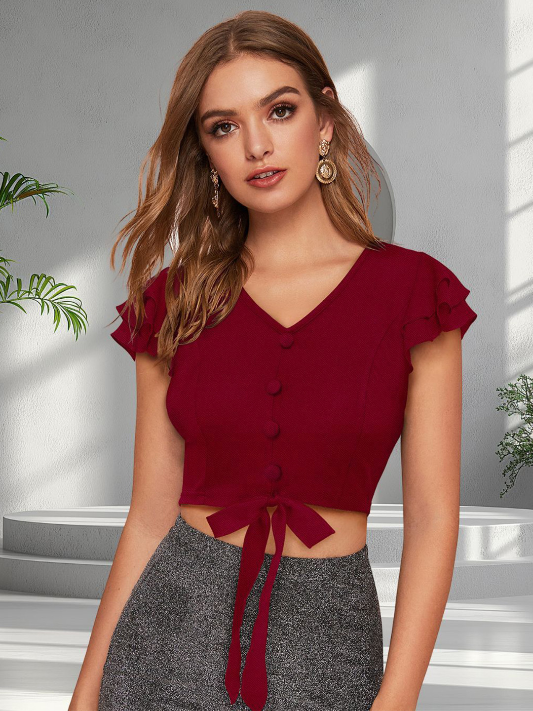 DressBerry Women V-Neck Waist Tie Ups Cape Sleeve Crop Top