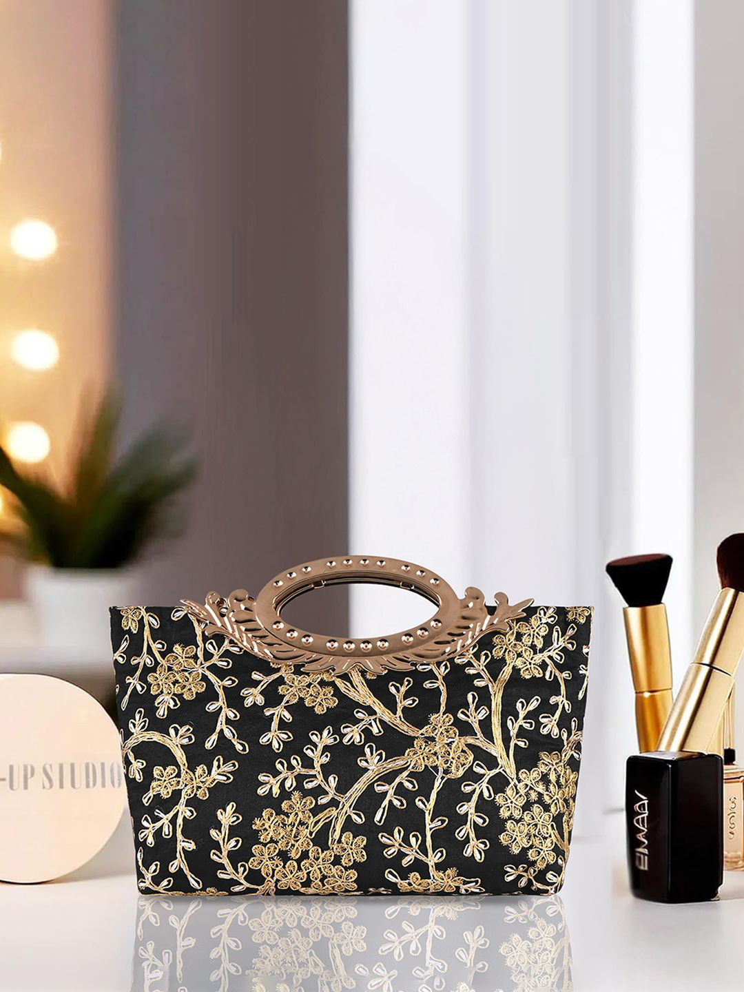 Kuber Industries Black Polyester Floral Embroidered Hand Purse Clutch