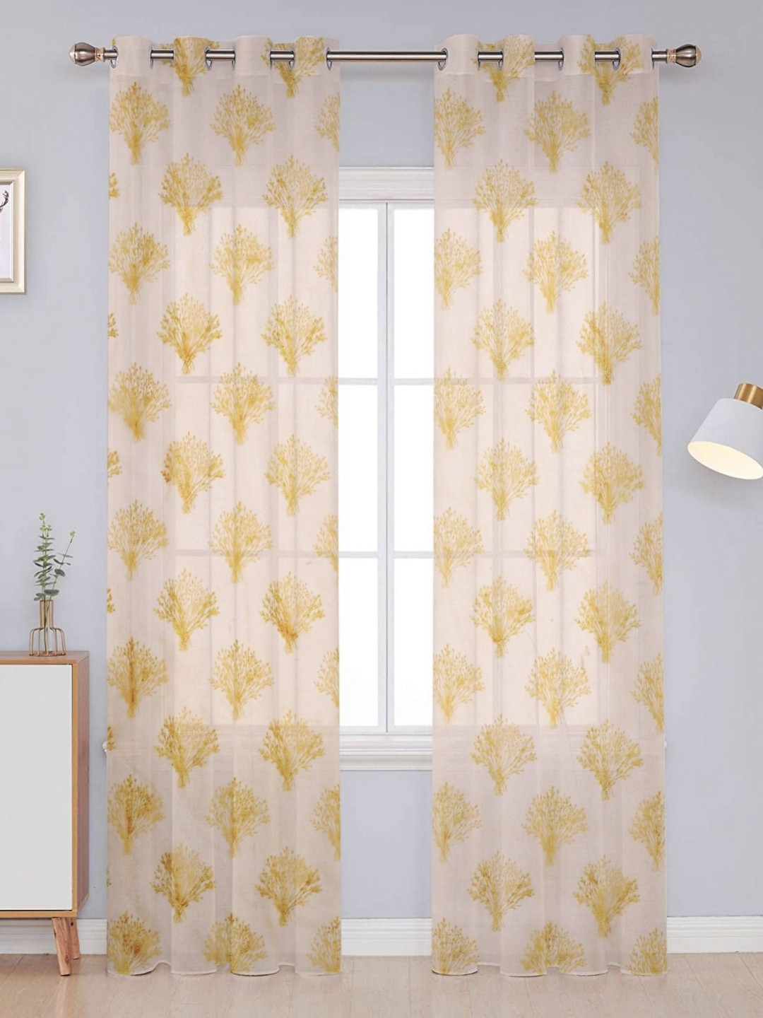 B' Decorlish Gold-Toned & White 2 Pieces Floral Printed Tissue Sheer Door Curtains