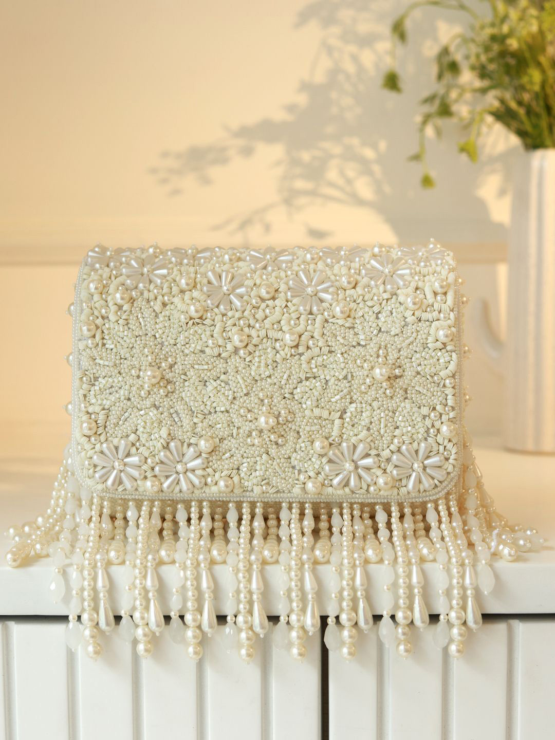 THE TAN CLAN Fiona Floral Embroidered Wrist Loop Suede Foldover Clutch