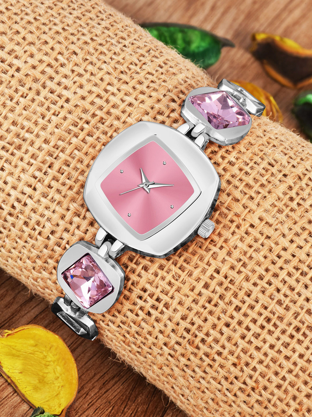WATCHSTAR Women Square Shaped Dial & Stainless Steel Straps Analogue Watch Pari pinkWC