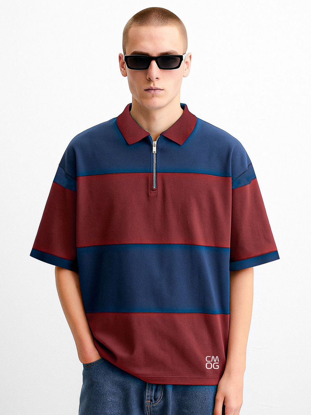 Crazymonk Oversized Retro Colourblocked Polo Collar Cotton T-Shirt