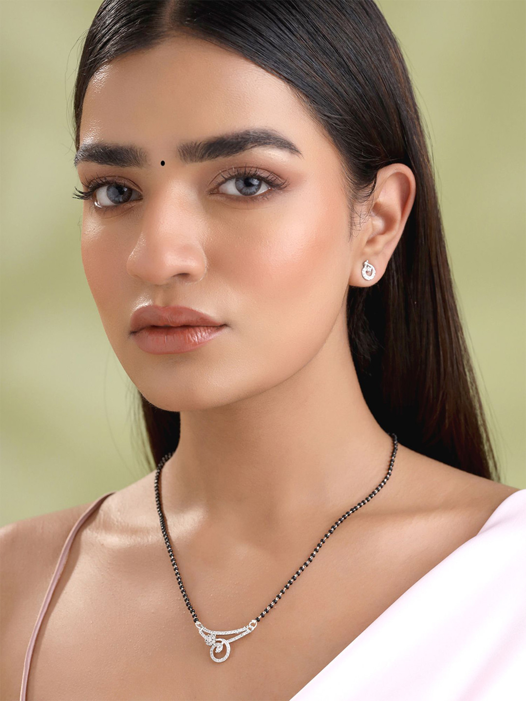 Yellow Chimes Black Stainless Steel Rhodium-Plated AD-Studded & Beaded Mangalsutra With Earrings