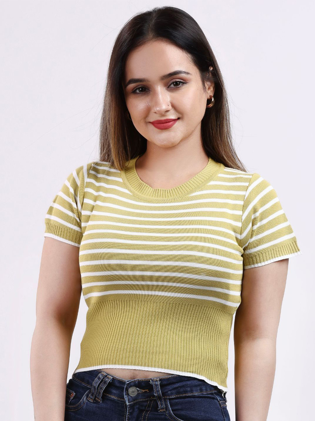 FEVERFEW Women Striped Round Neck Cotton Top