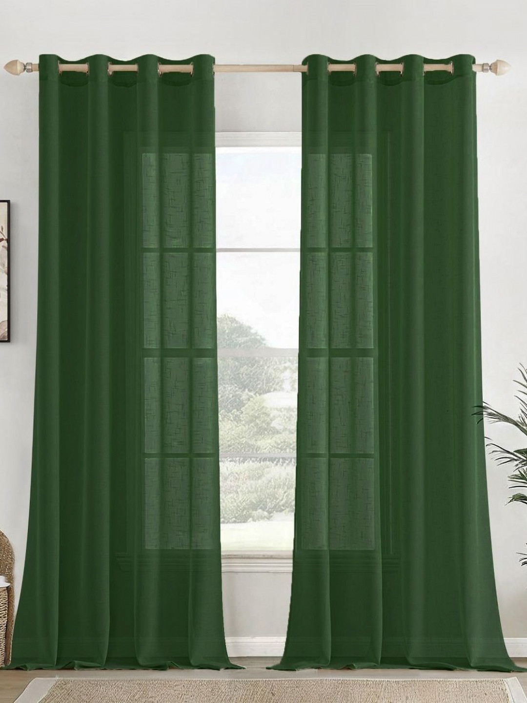 HOMEMONDE Green 2 Pieces Textured Sheer Cotton Long Door Curtains