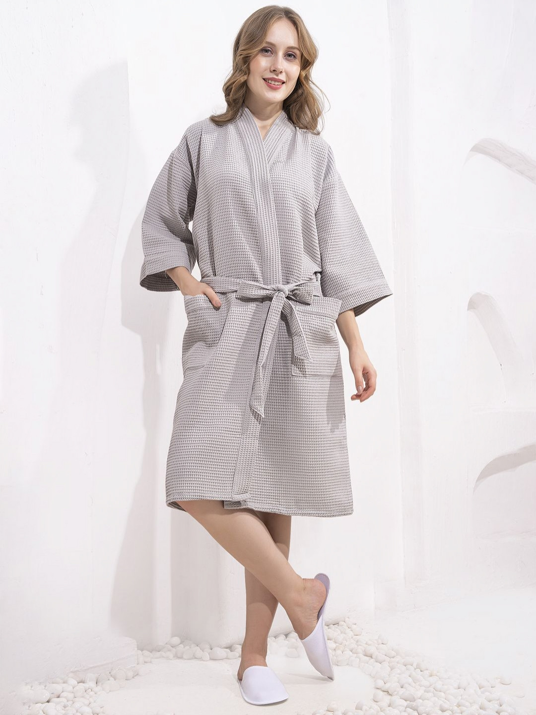 LacyLook Grey Textured Pure Cotton Waffle Bathrobe