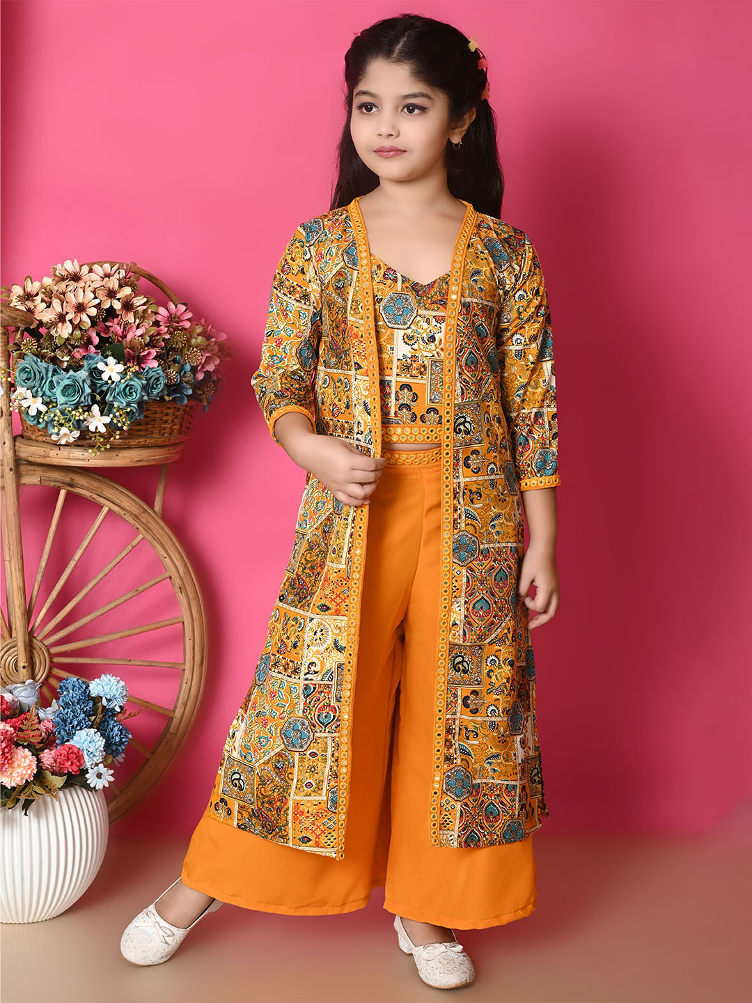 SPAMitude Girls Ethnic Motifs Printed Sweetheart Neck Top With Trousers & Jacket