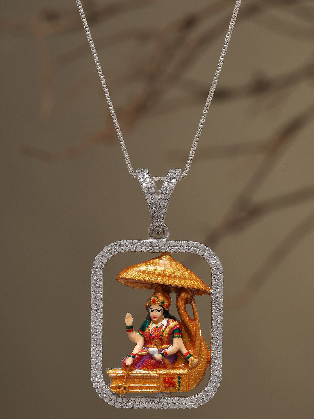 Exotic India 925 Sterling Silver Stone Studded Enamelled Vahanvati Sikotar Mata Pendant