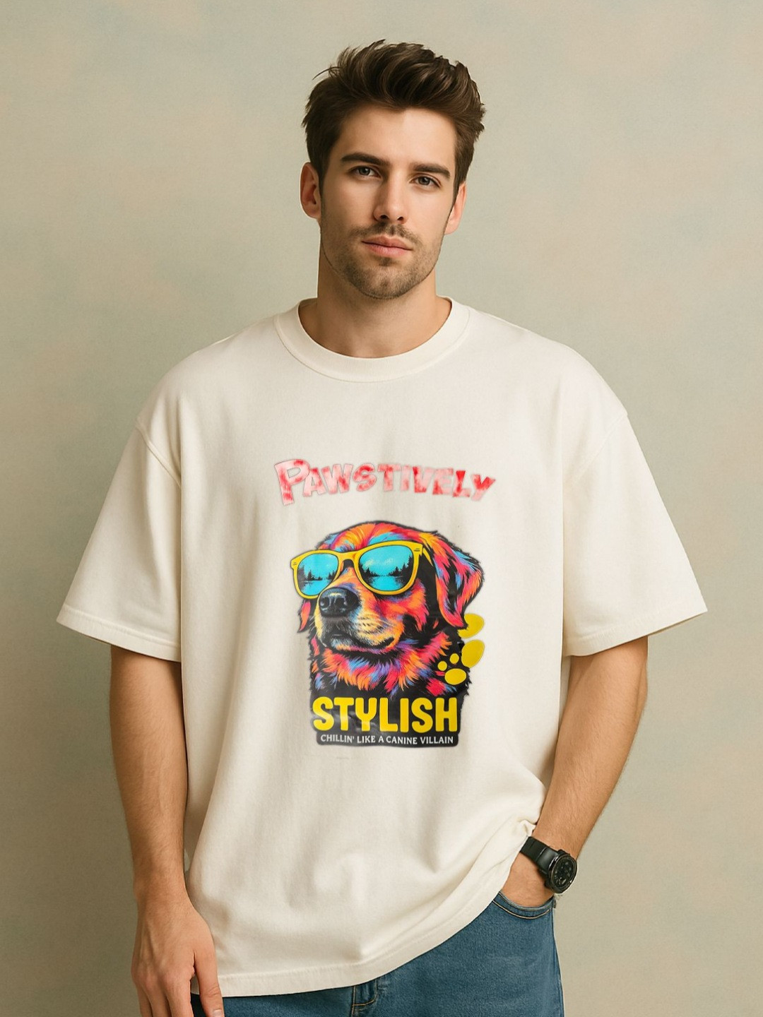 GRACE & JACK Tee Paw-sitively Stylish Graphic Printed Round Neck Oversized T-shirt