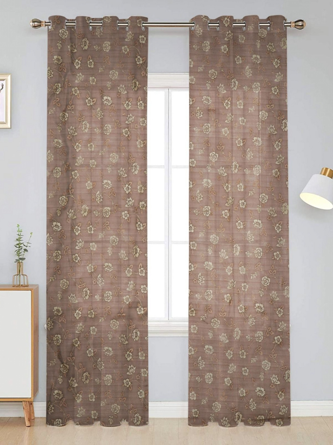 B' Decorlish Brown & White 2 Pieces Floral Printed Tissue Sheer Door Curtains