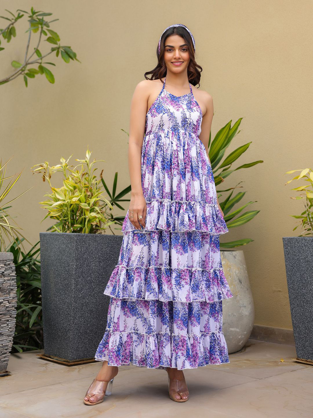 B'Infinite Women Lavender Bloom Tiered Dress