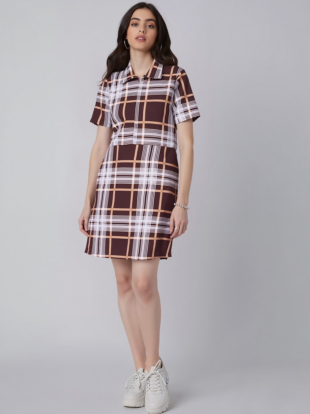 Mast & Harbour Women Shirt Collar Checked Shift Dress