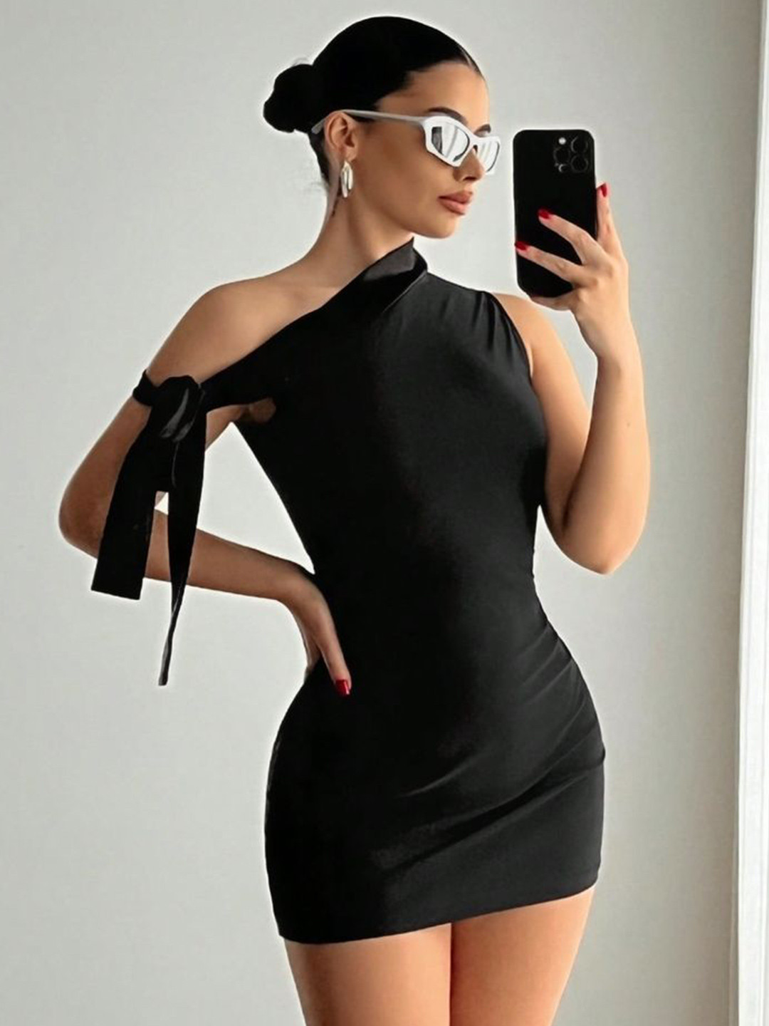 LULU & SKY Tie-Ups One Shoulder Bodycon Mini Dress