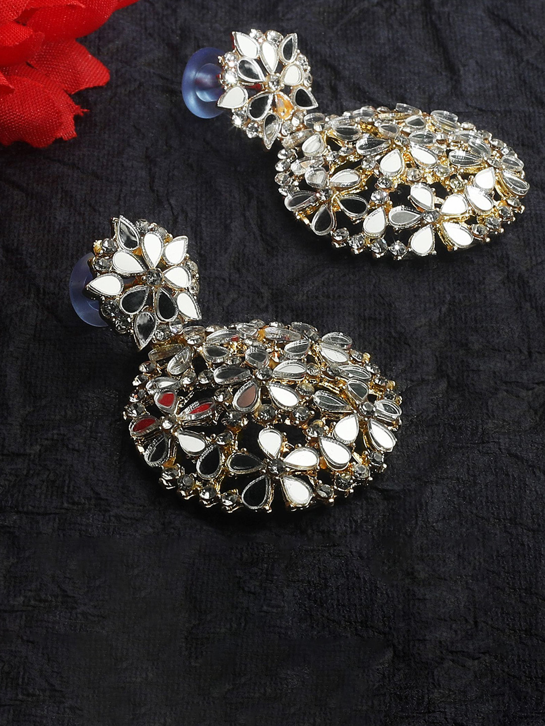 TANAIRA Silver Plated Stones Studded Mirror Work Circular Shaped Mirror Drop Earrings