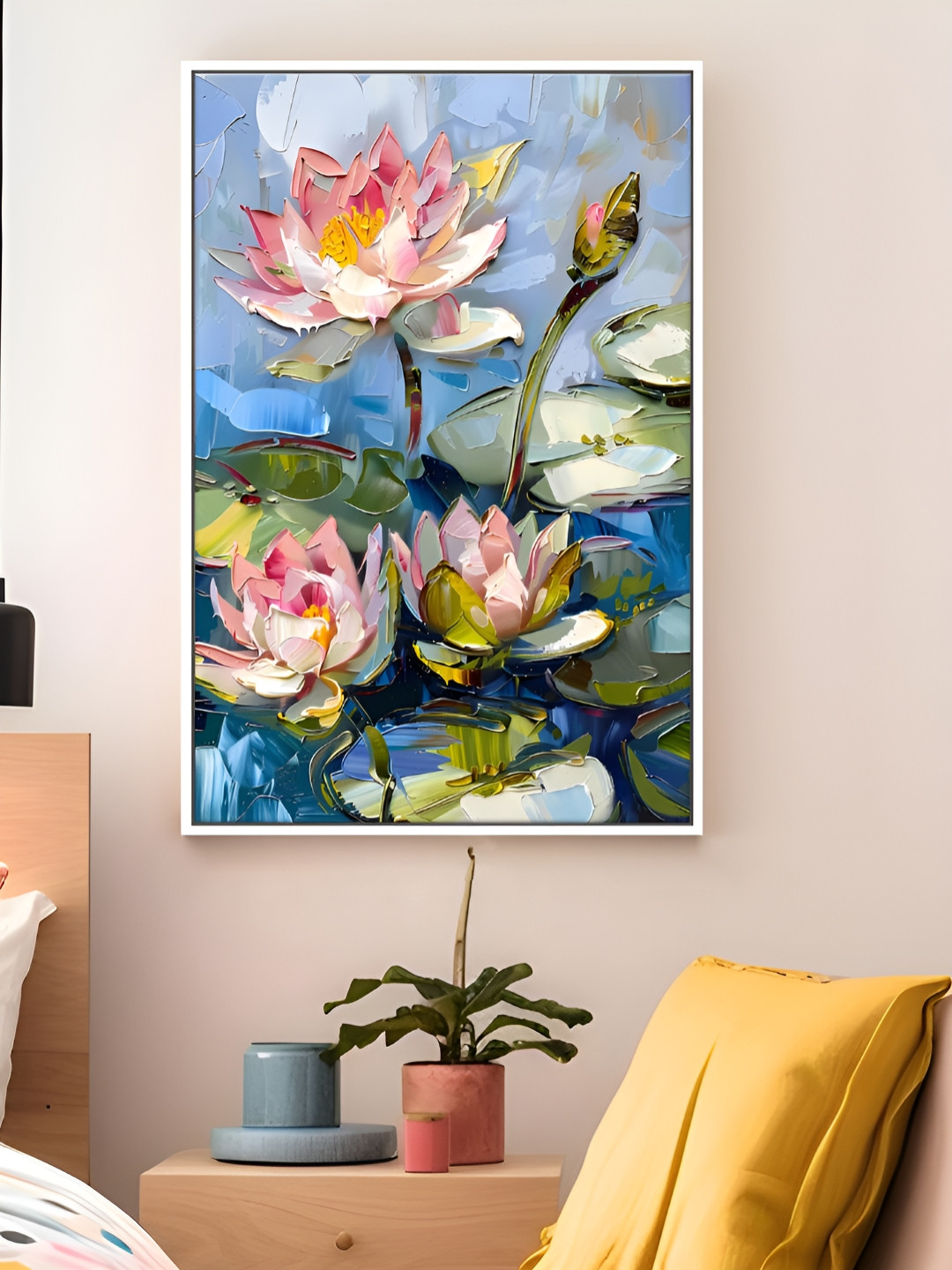 Art Street White & Pink Lotus flower In the Pond Wall Paintings