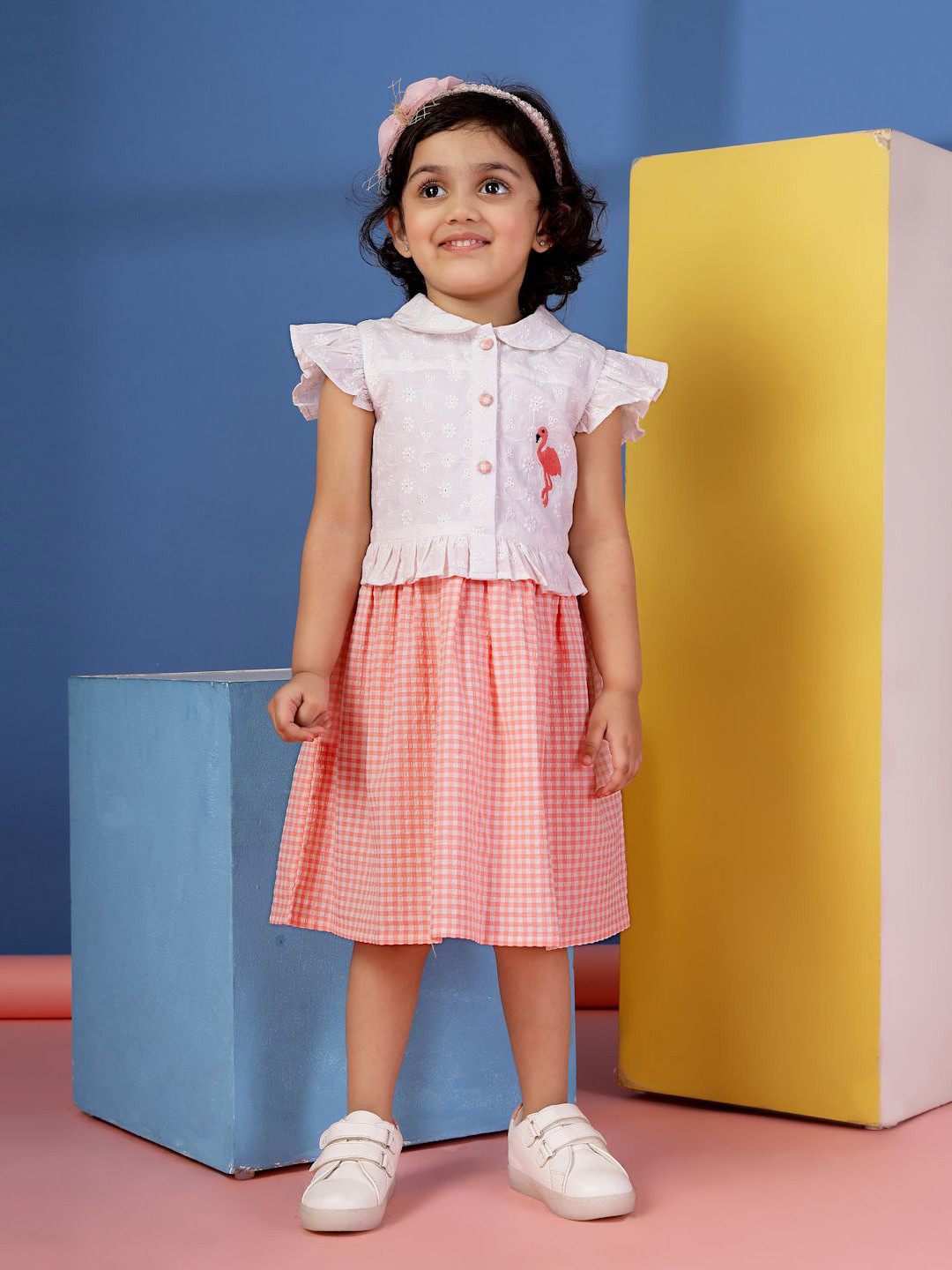 Budding Bees Girls Checked Peter Pan Collar Flutter Sleeve Schiffli Fit & Flare Midi Dress