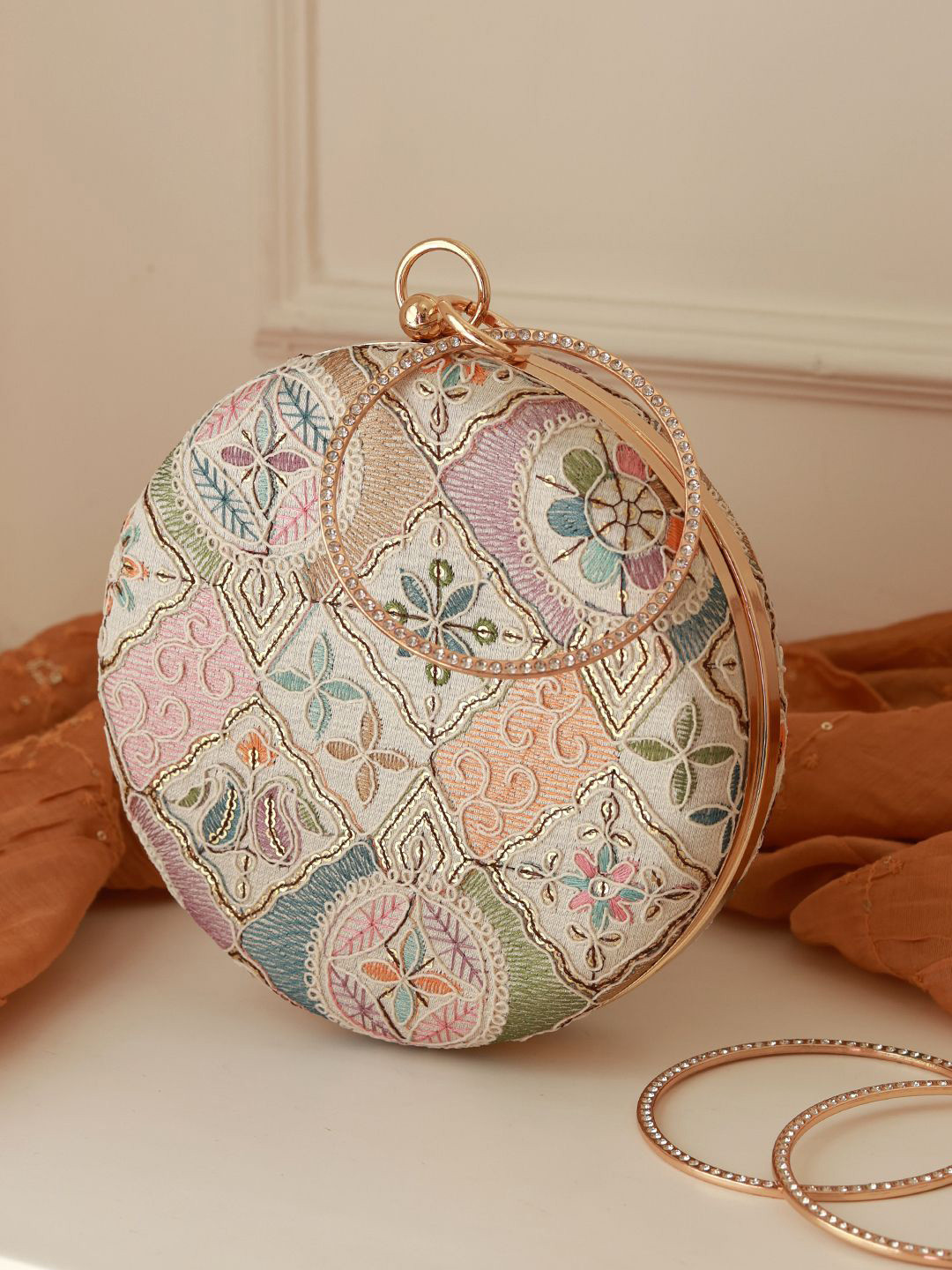THE TAN CLAN Mughal Embroidered Round Box Clutch