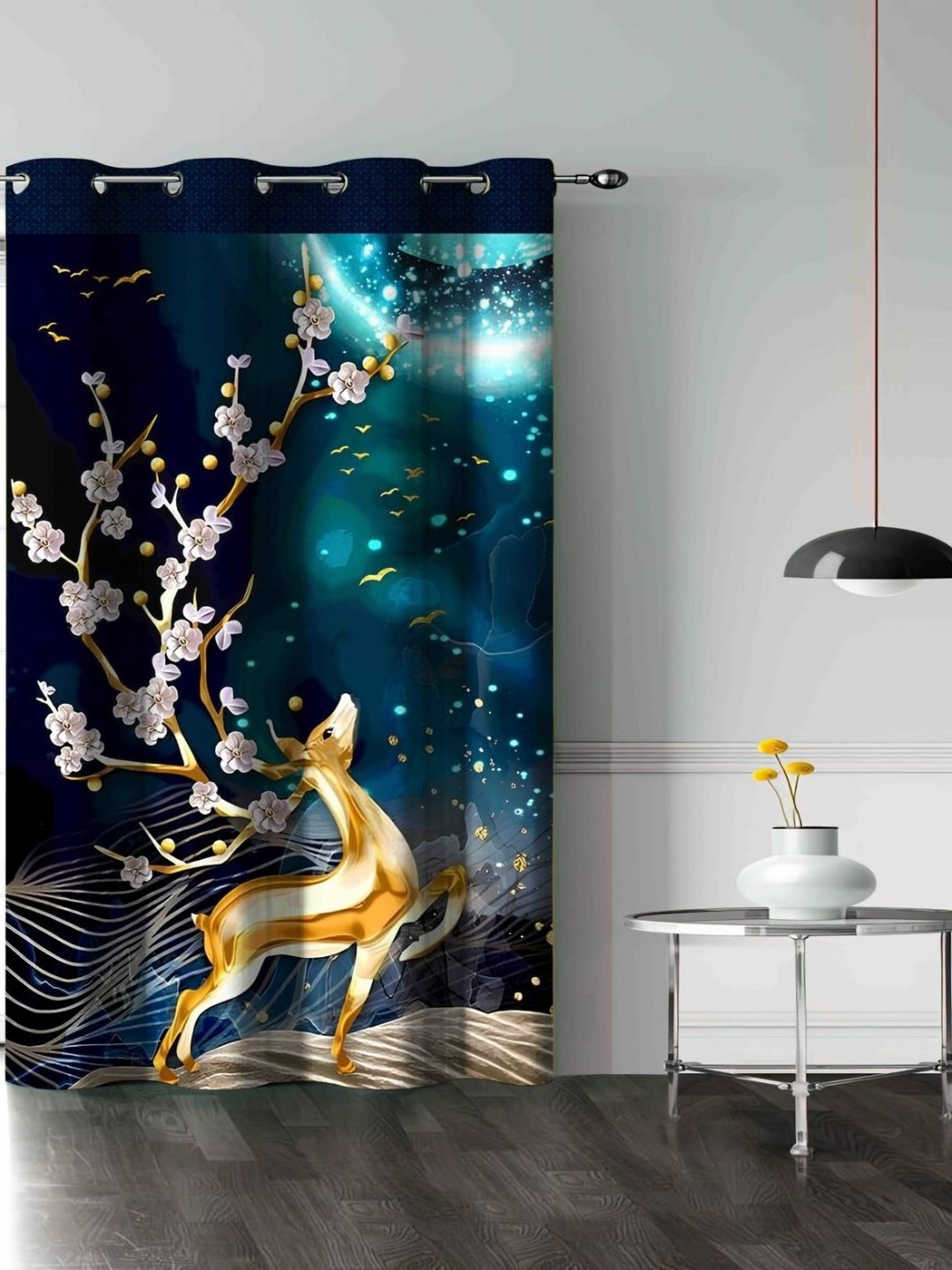 Aura Teal Blue & Black Floral Printed Door Curtain