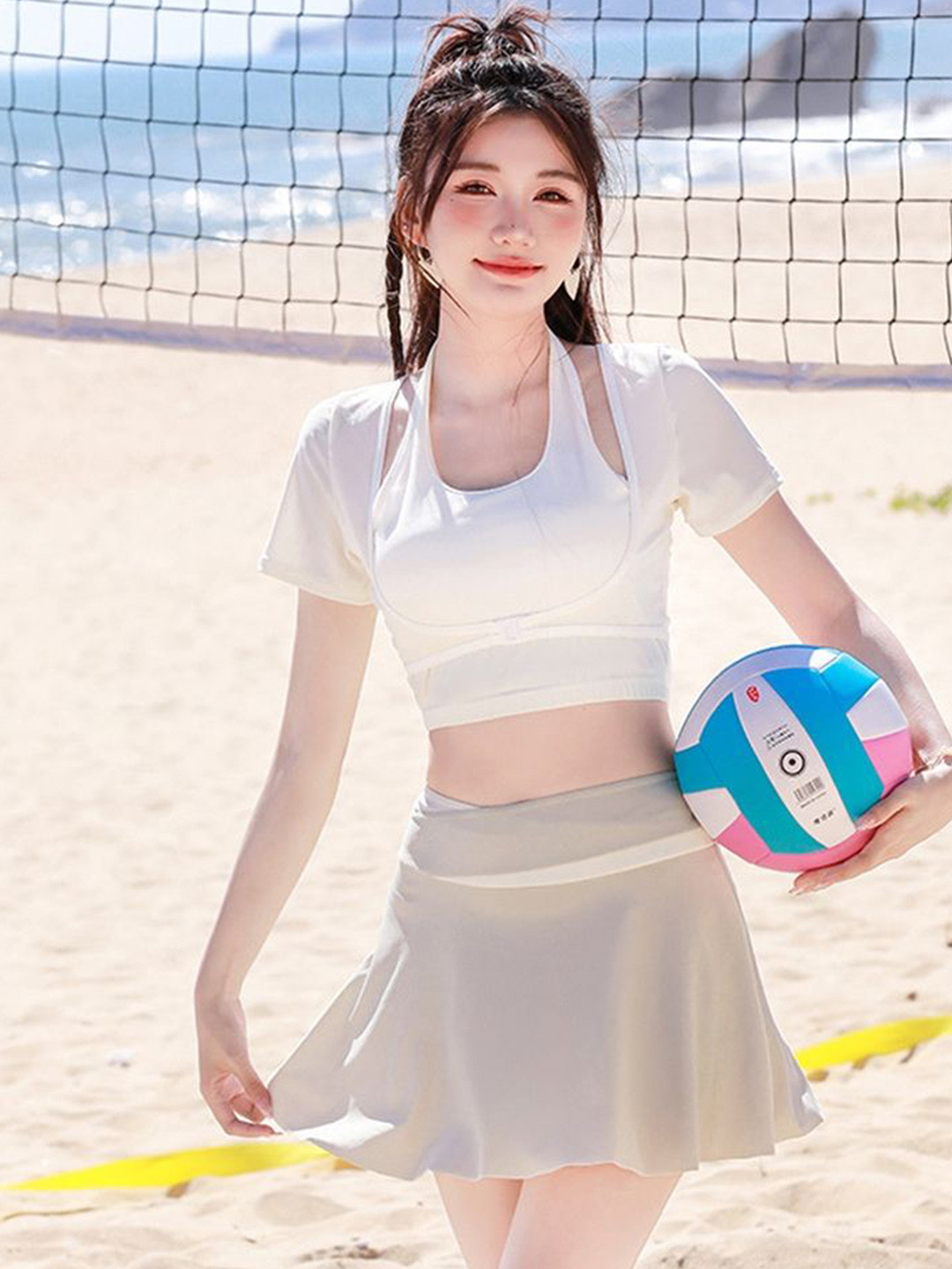 LULU & SKY Colourblocked Round Neck Crop-Top With Mini Skirt Swim Set