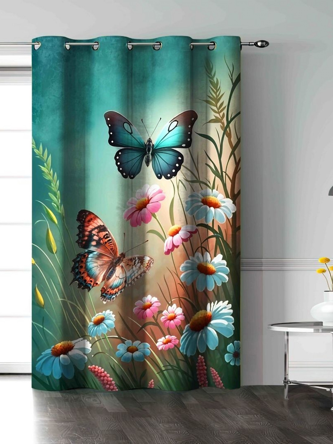 Aura Teal & Pink Floral Door Curtain