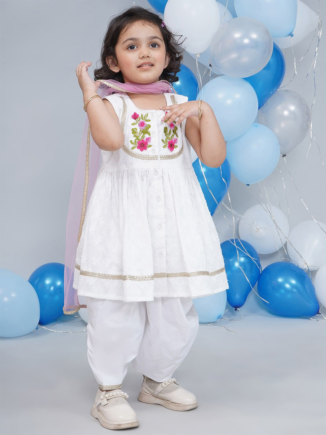 Little Bansi Girls Floral Sleeveless Self Weaving Cotton Kurta Set with Dupatta