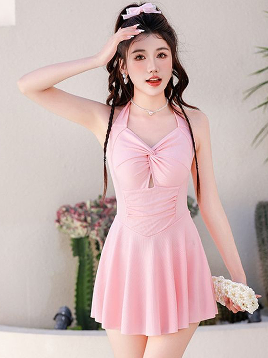 LULU & SKY A-Line Halter Neck Ruched Tie-Up Swimming Dress
