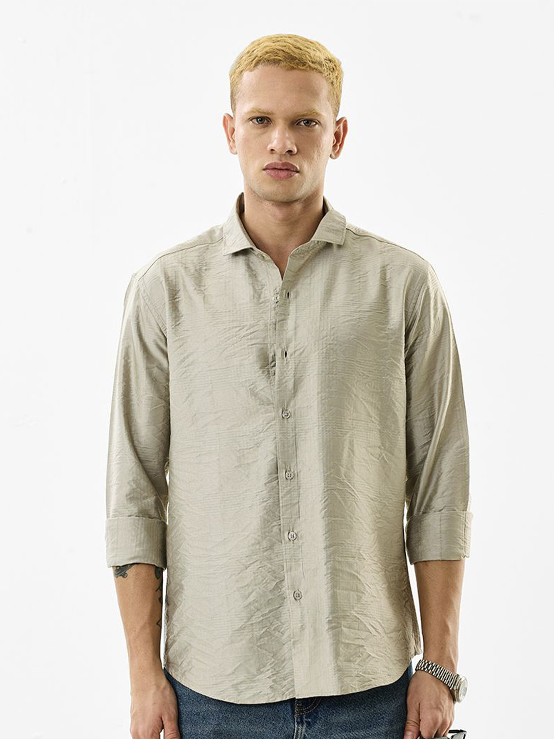 Snitch Slim Fit Self Design Long Sleeves Shirt