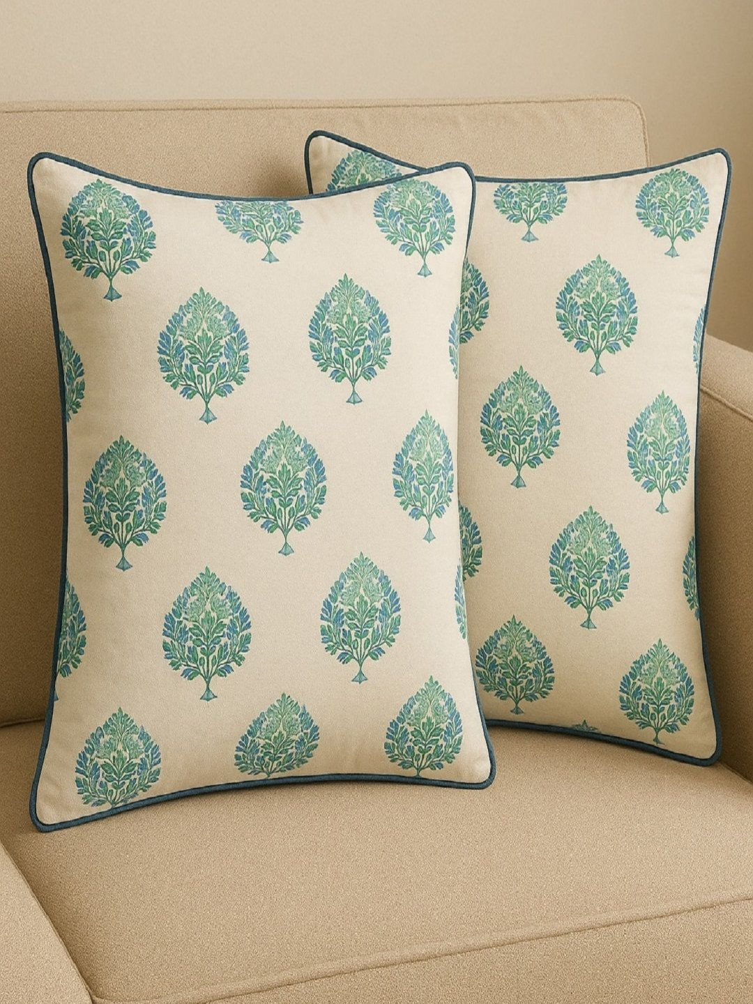 RRC Turquoise Blue & White 2 Pieces Floral Printed Pure Cotton Rectangle Cushion Covers