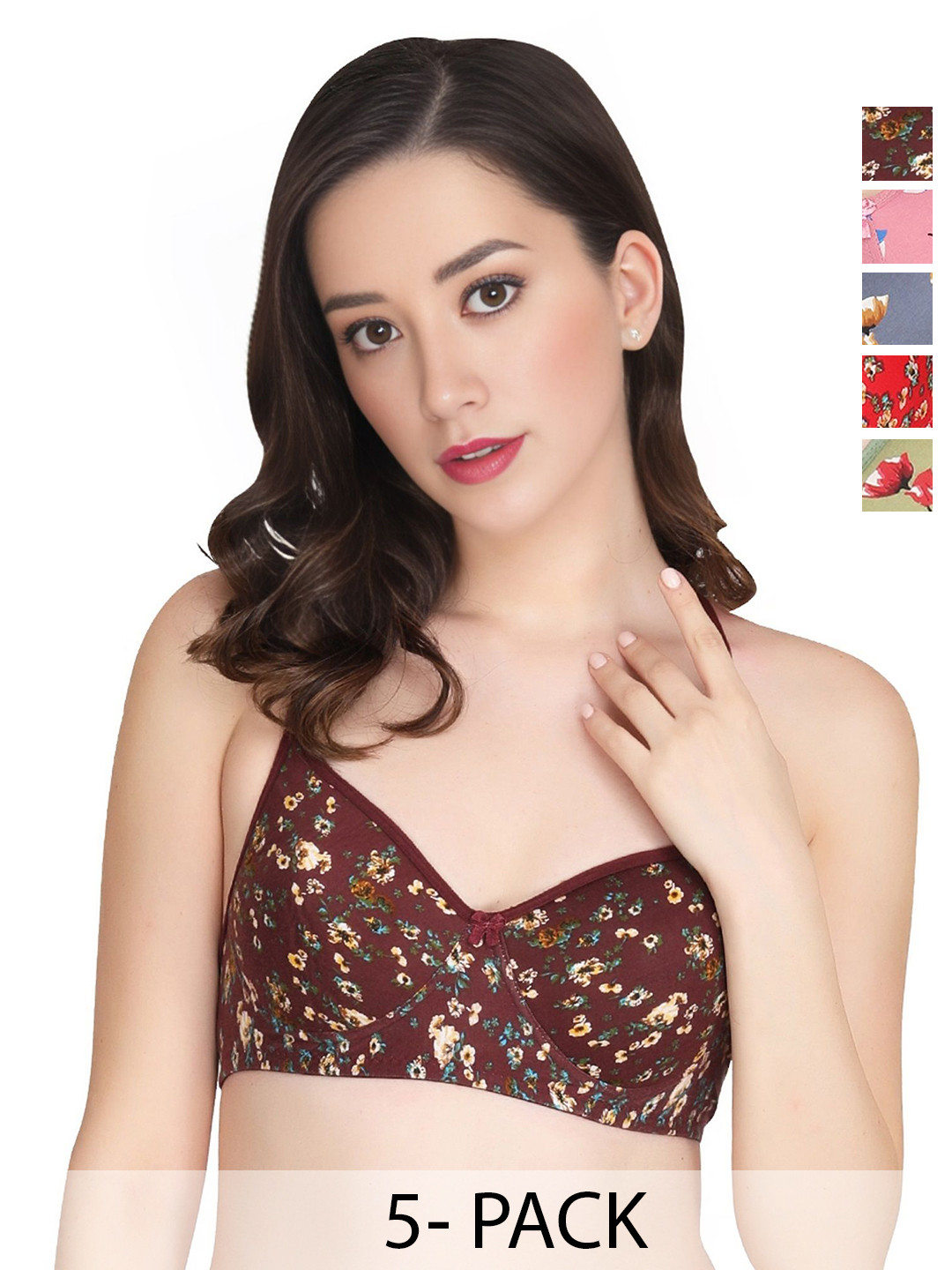 Liigne Pack Of 5 Floral Printed Full Coverage Lightly Padded Non-Wired Bra