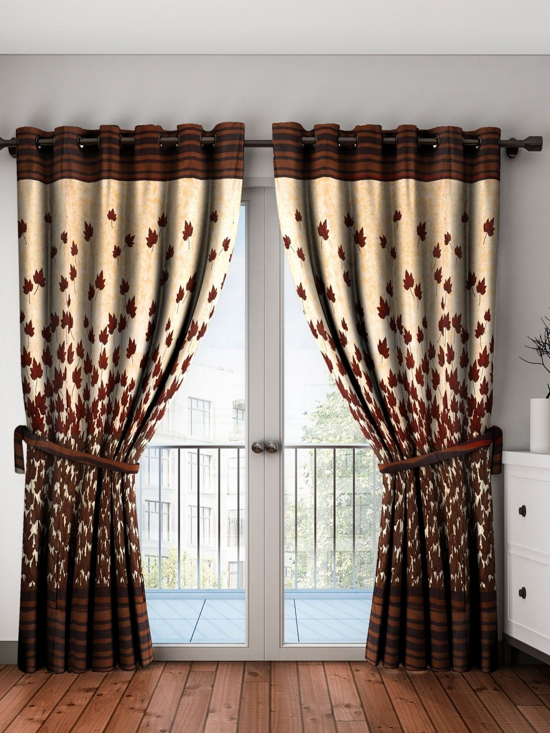 Aura Mapple Brown & Cream-Coloured 2 Pieces Floral Printed Window Curtains