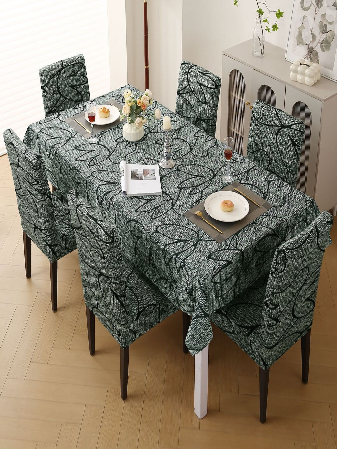 HOKIPO Set Of 7 Grey & Black Printed Dining Chair Cover With Matching Tablecloth