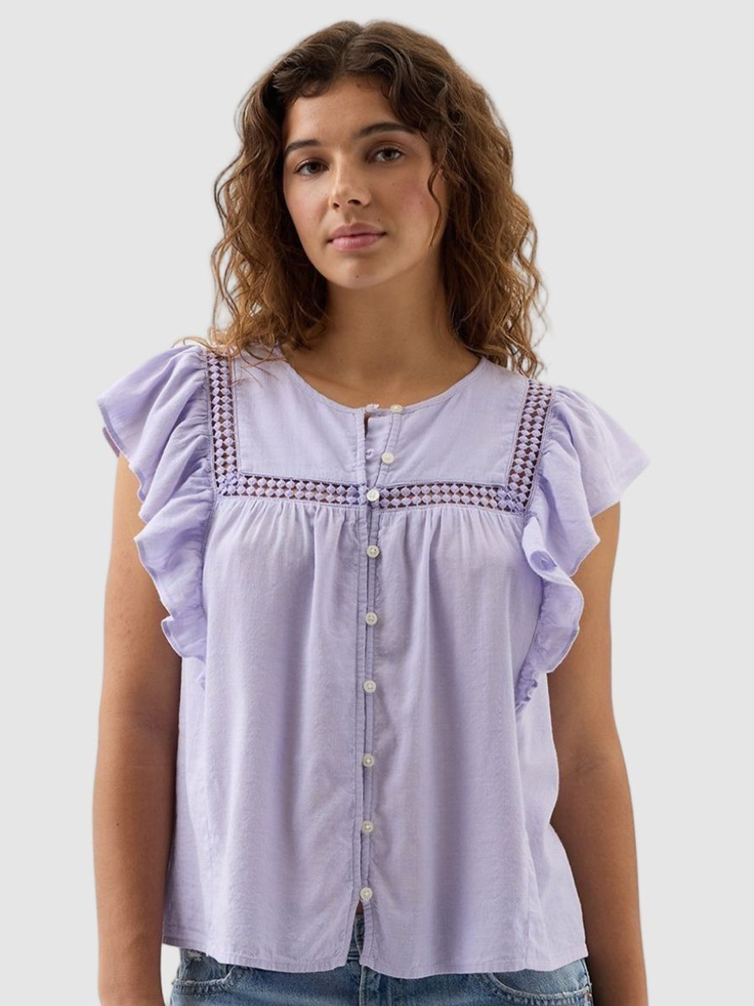 GAP Women Self Design Ruffled Button-Down Top